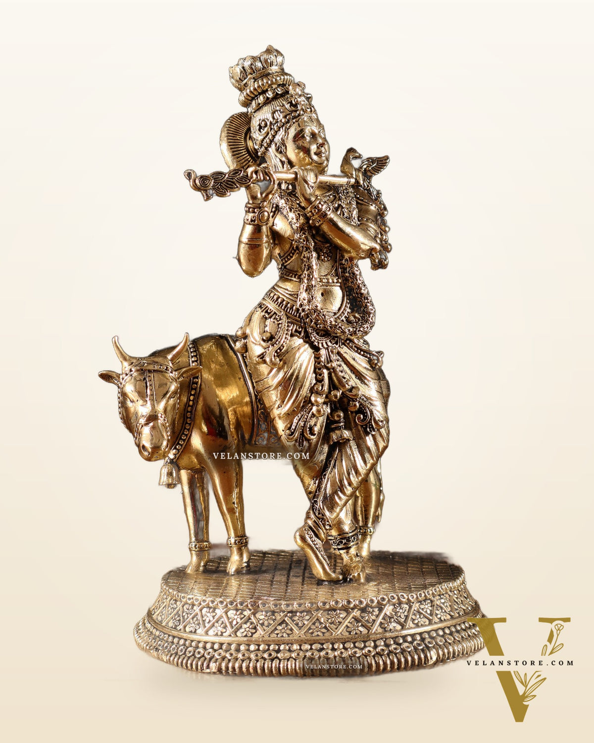 Superfine Brass Krishna with Cow idol - 7"