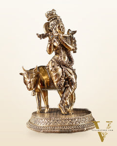 Superfine Brass Krishna with Cow idol - 7"