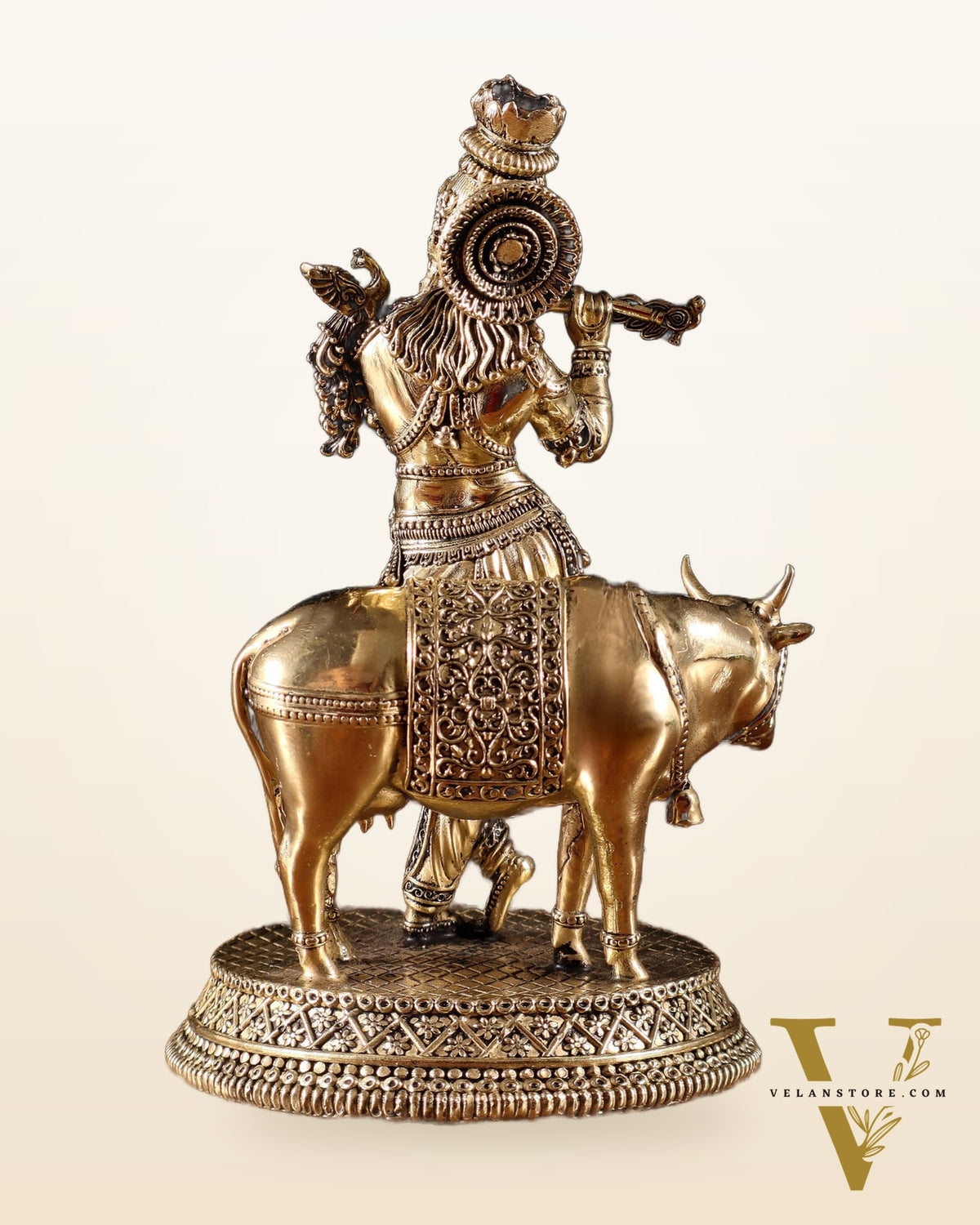 Superfine Brass Krishna with Cow idol - 7"