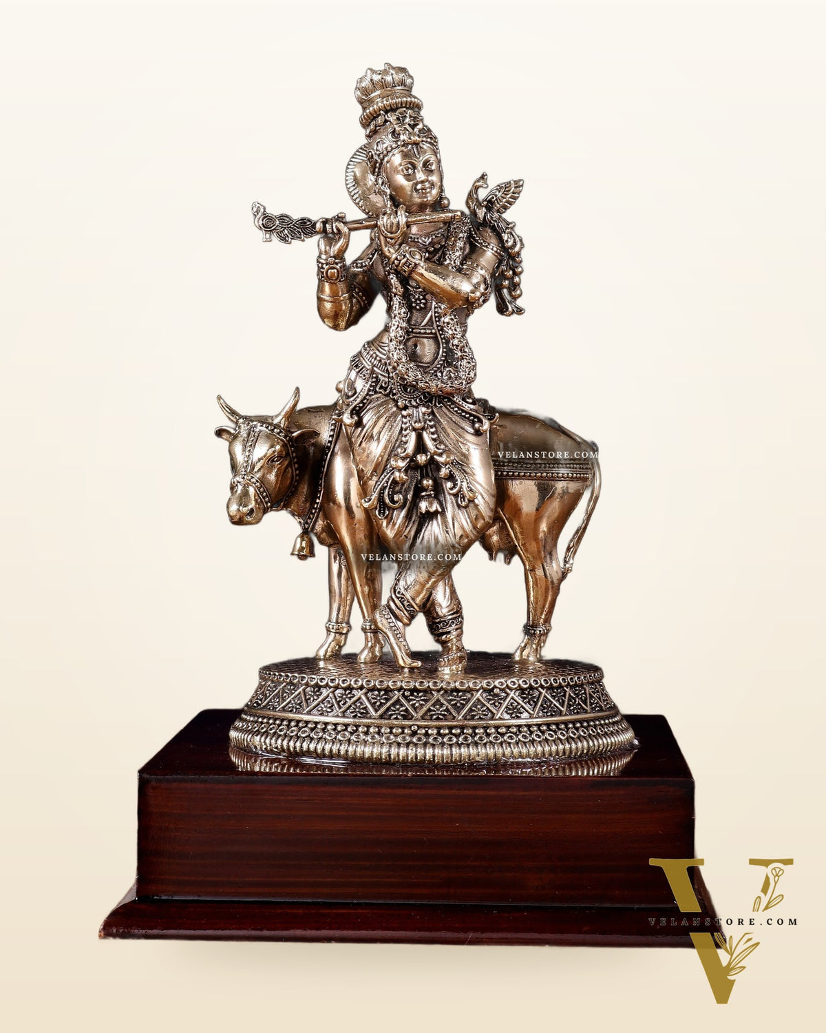 Superfine Brass Krishna with Cow on Wooden Base – 9 Inch