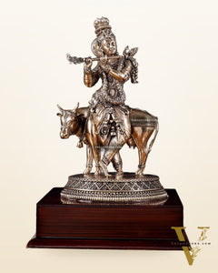 Superfine Brass Krishna with Cow on Wooden Base – 9 Inch