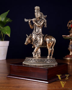 Superfine Brass Krishna with Cow on Wooden Base – 9 Inch