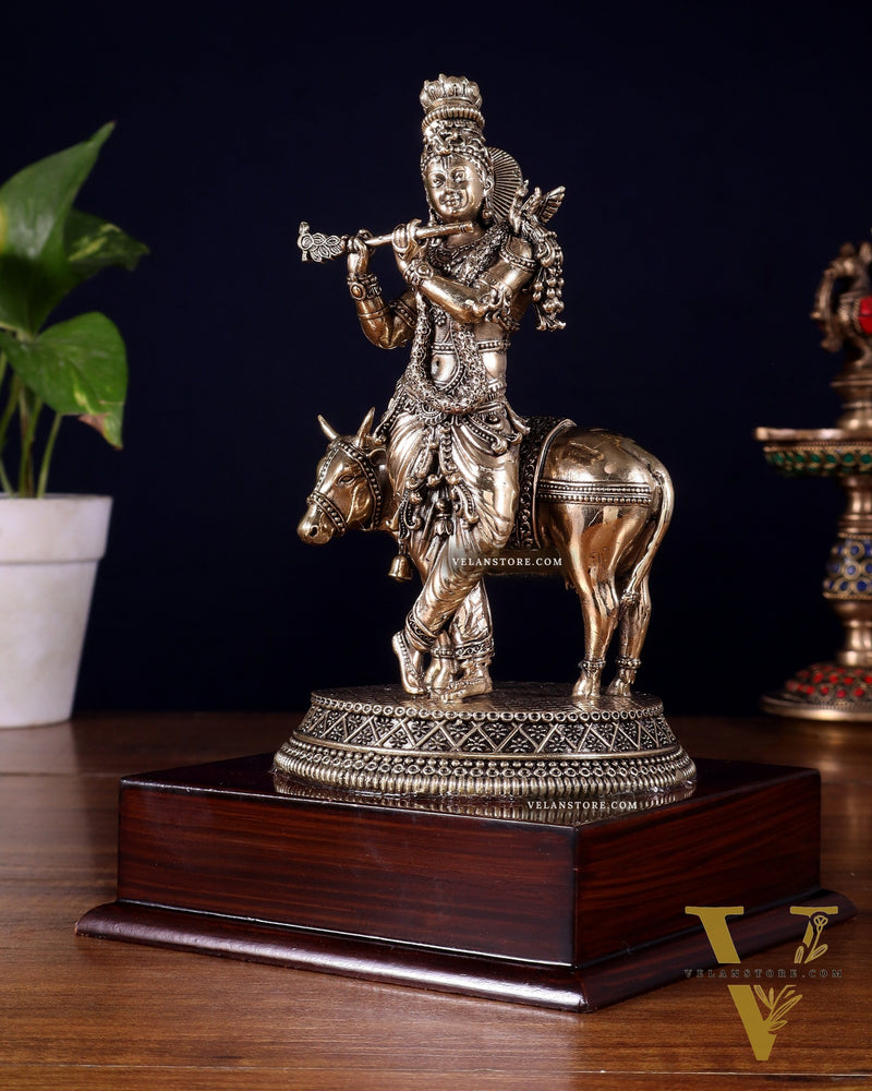 Superfine Brass Krishna with Cow on Wooden Base – 9 Inch