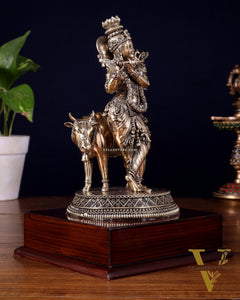 Superfine Brass Krishna with Cow on Wooden Base – 9 Inch