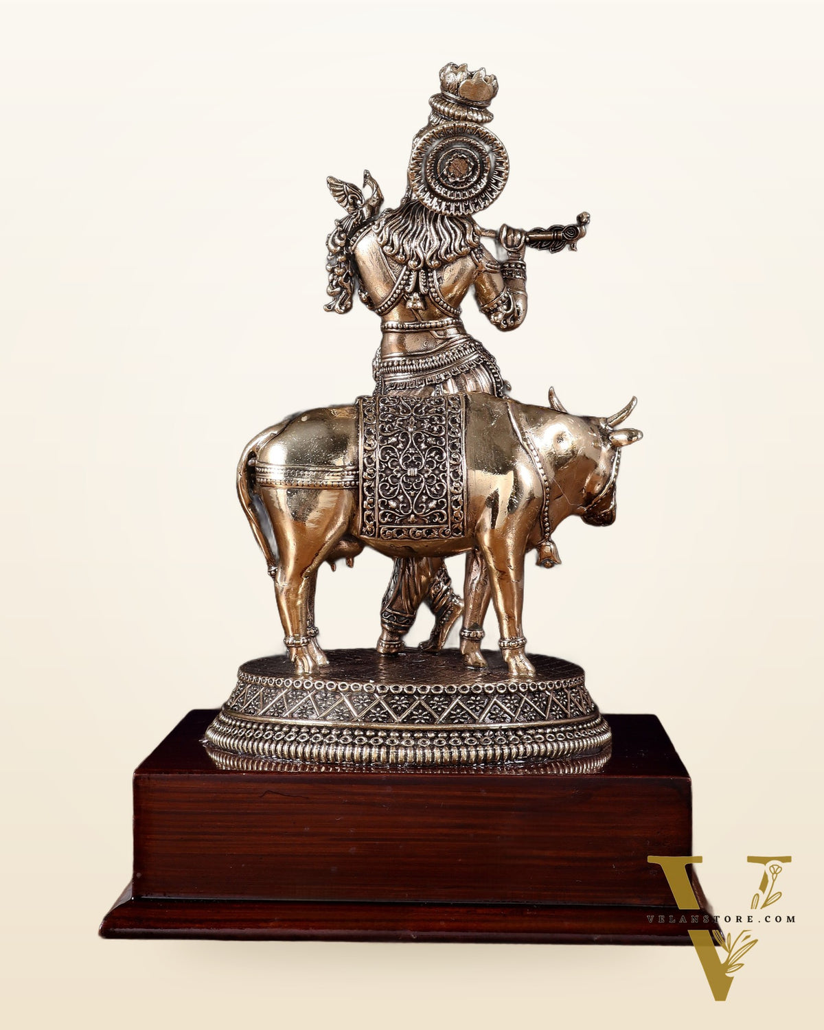 Superfine Brass Krishna with Cow on Wooden Base – 9 Inch