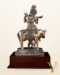 Superfine Brass Krishna with Cow on Wooden Base – 9 Inch