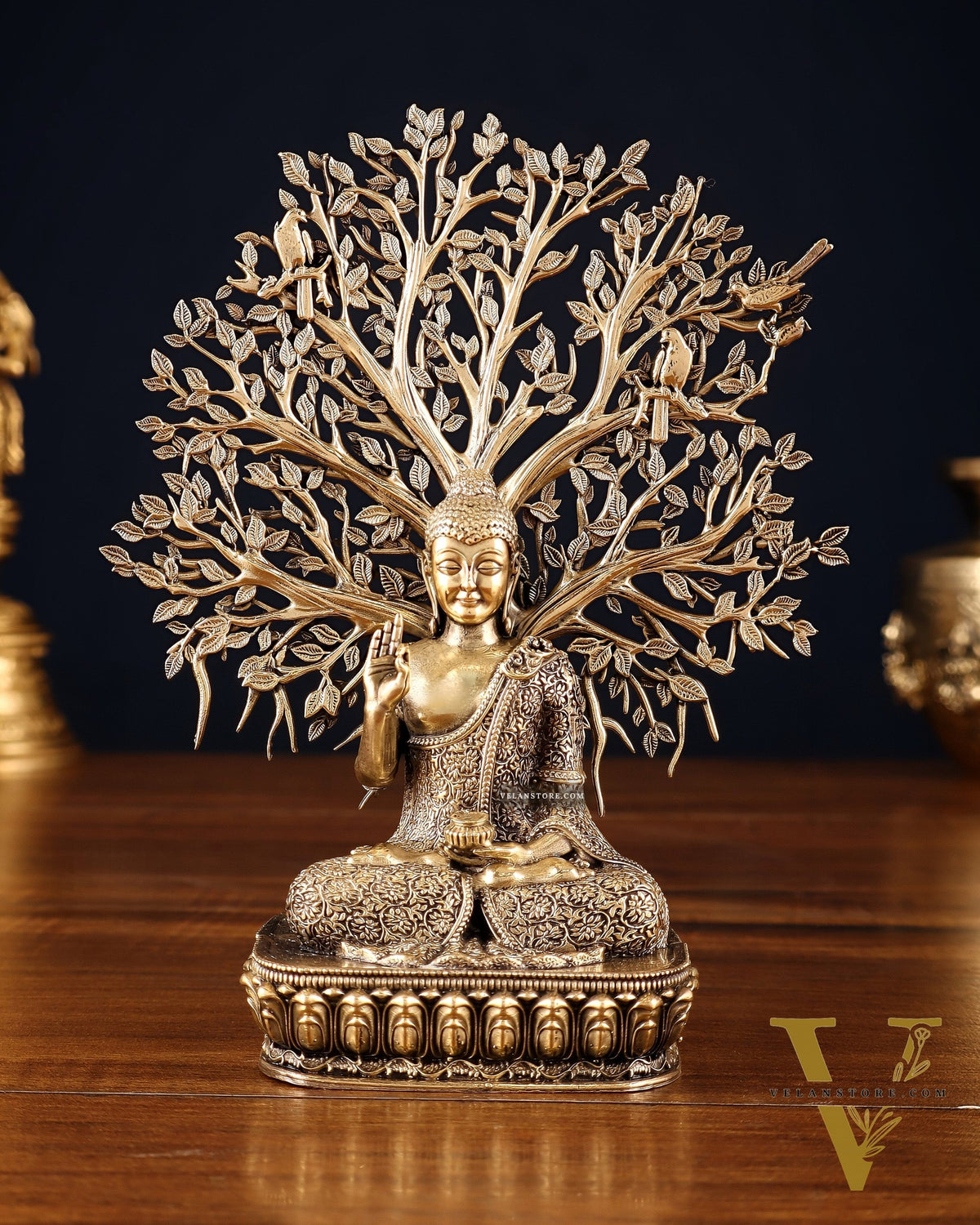 Superfine Brass Lord Buddha with Bodhi Tree Idol 6.5"