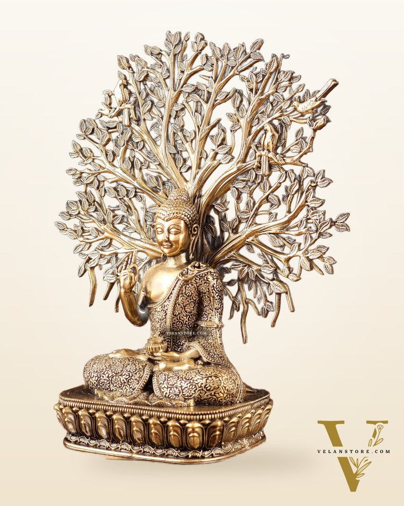Superfine Brass Lord Buddha with Bodhi Tree Idol 6.5"