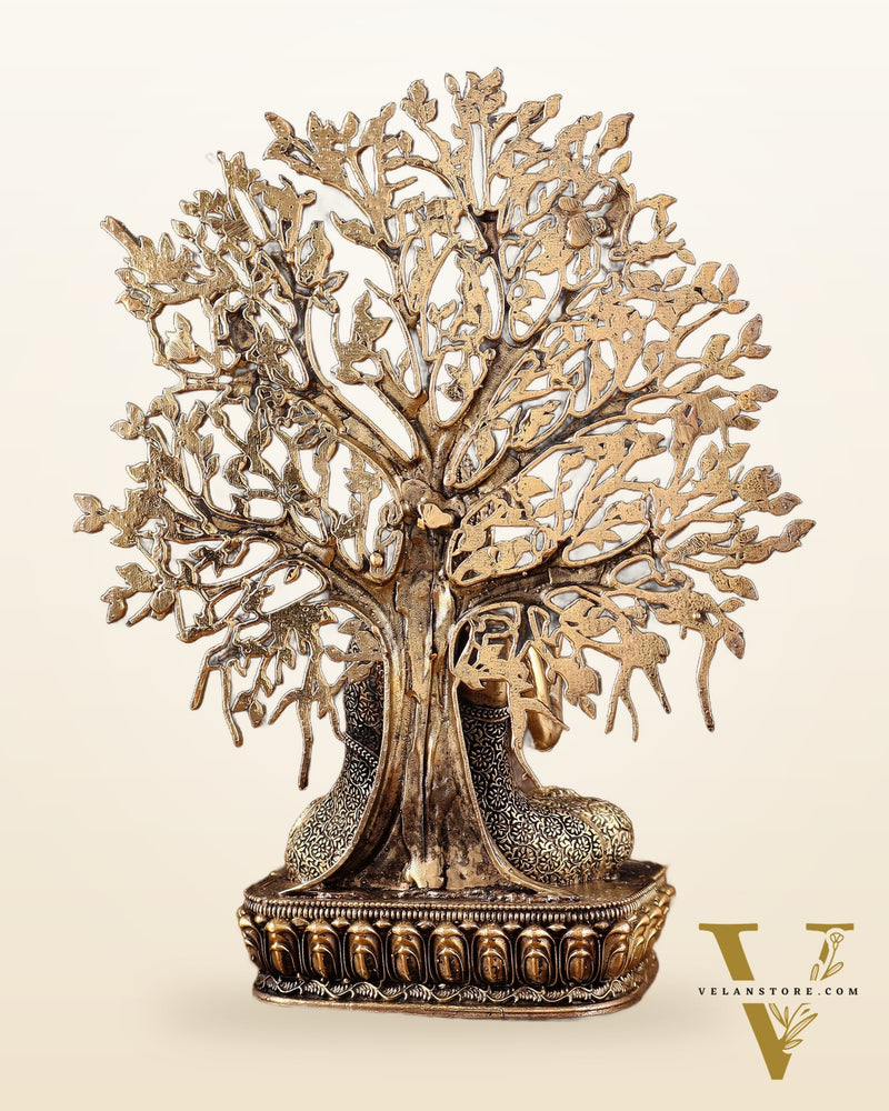 Superfine Brass Lord Buddha with Bodhi Tree Idol 6.5"
