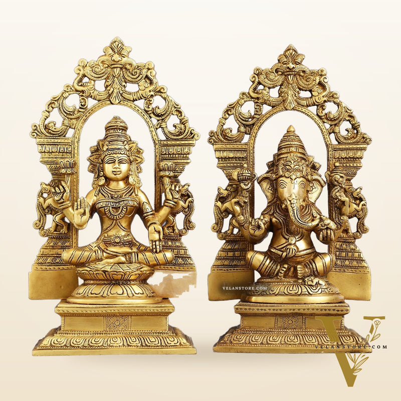 Superfine Brass Lord Ganesha and Goddess Lakshmi Idols with Frame - 12 inch