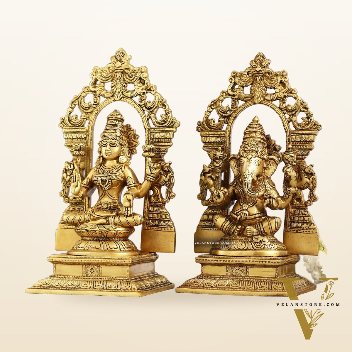 Superfine Brass Lord Ganesha and Goddess Lakshmi Idols with Frame - 12 inch
