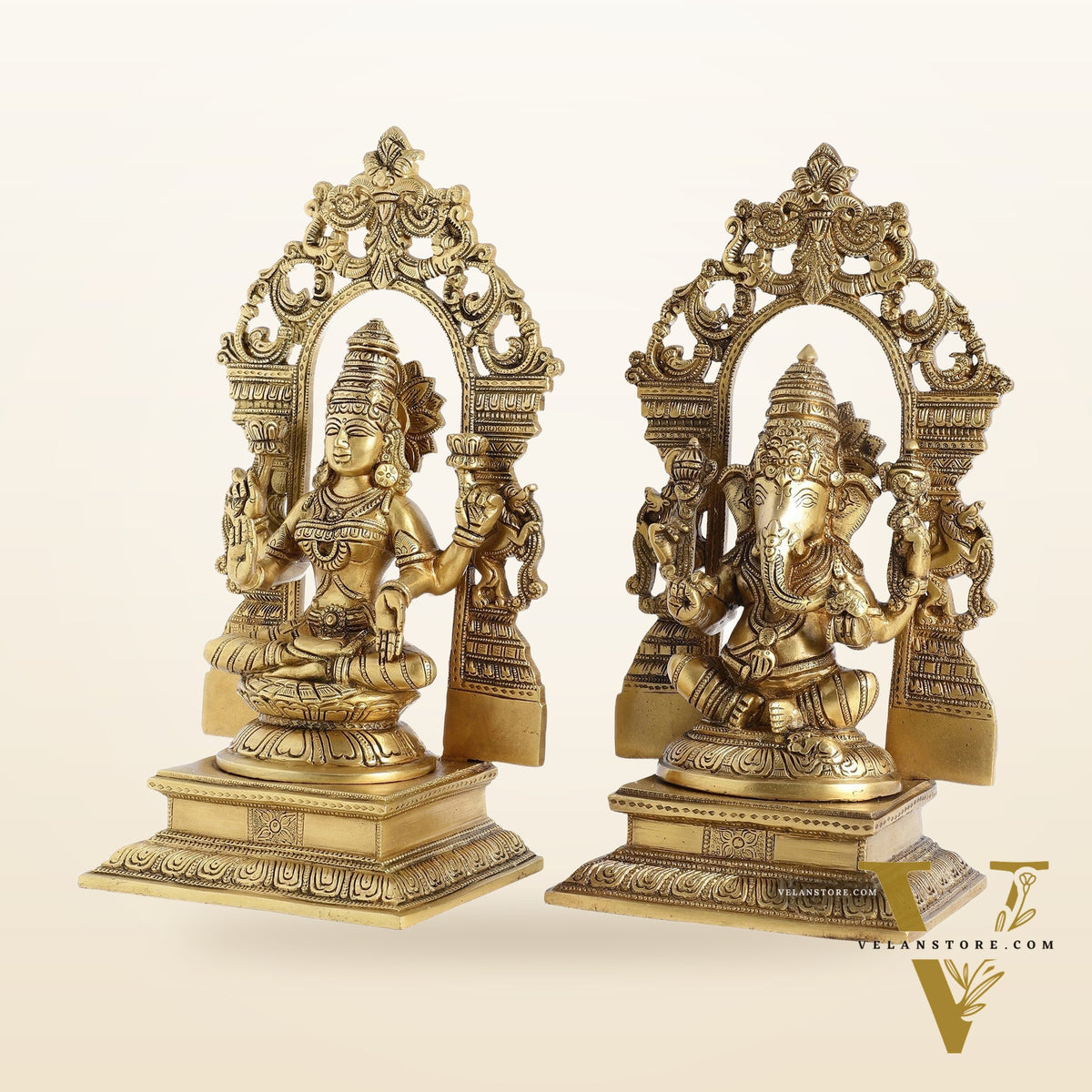 Superfine Brass Lord Ganesha and Goddess Lakshmi Idols with Frame - 12 inch