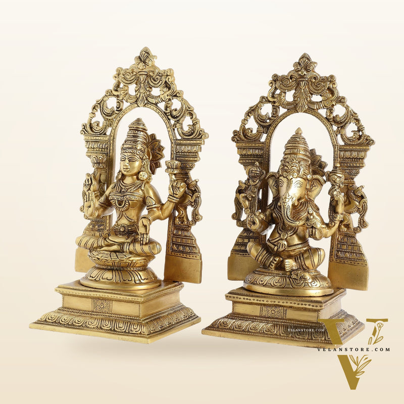 Superfine Brass Lord Ganesha and Goddess Lakshmi Idols with Frame - 12 inch
