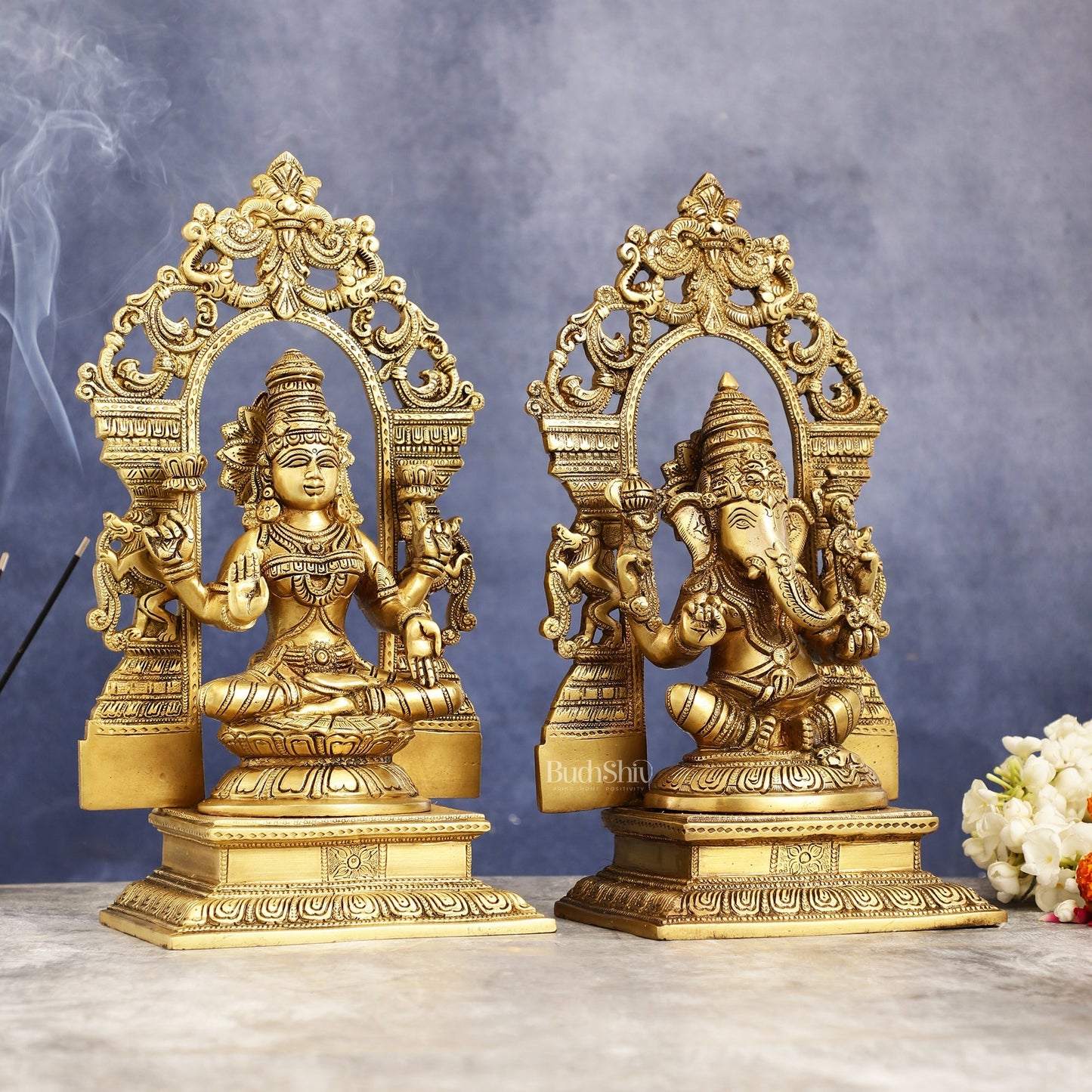 Superfine Brass Lord Ganesha and Goddess Lakshmi Idols with Frame - 12 inch
