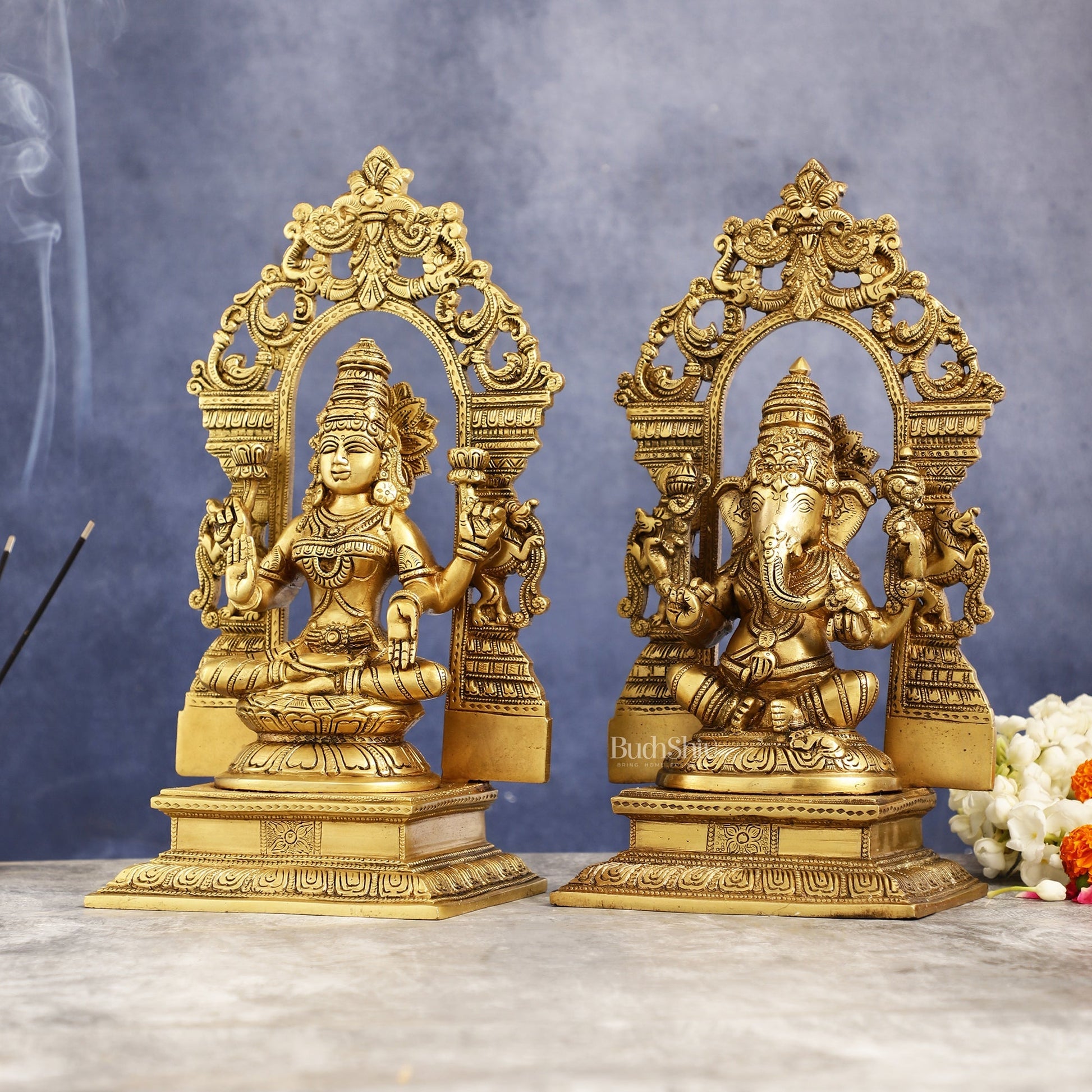 Superfine Brass Lord Ganesha and Goddess Lakshmi Idols with Frame - 12 inch