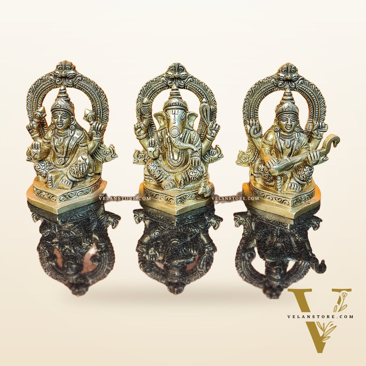 Superfine Brass Lord Ganesha, Goddess Lakshmi, Saraswati Idols, 4.5" Height