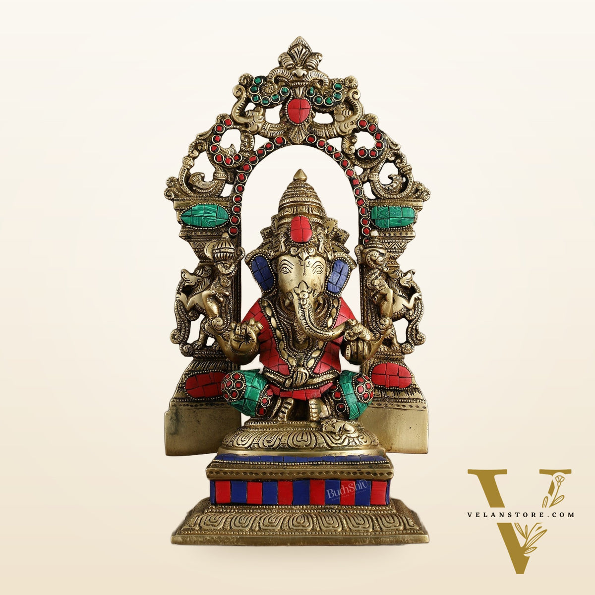 Superfine Brass Lord Ganesha Idol with arch Meenakari Stonework - 12 inch