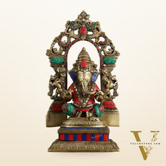 Superfine Brass Lord Ganesha Idol with arch Meenakari Stonework - 12 inch