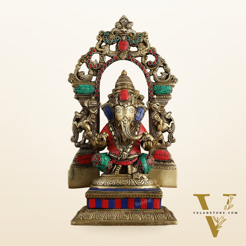 Superfine Brass Lord Ganesha Idol with arch Meenakari Stonework - 12 inch