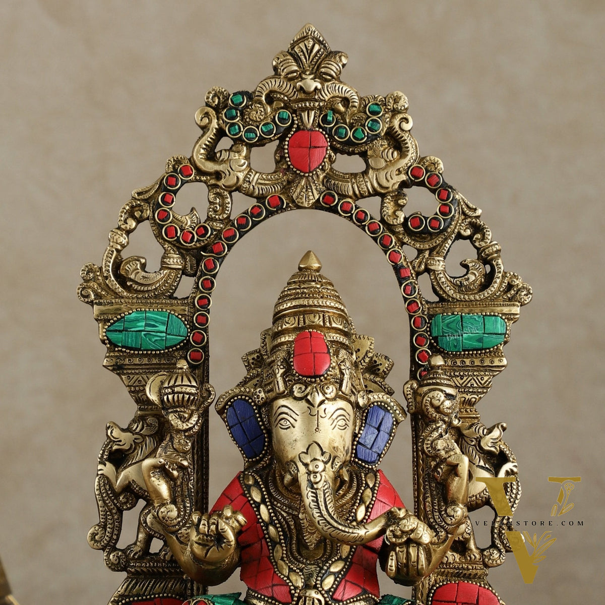 Superfine Brass Lord Ganesha Idol with arch Meenakari Stonework - 12 inch