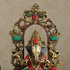 Superfine Brass Lord Ganesha Idol with arch Meenakari Stonework - 12 inch