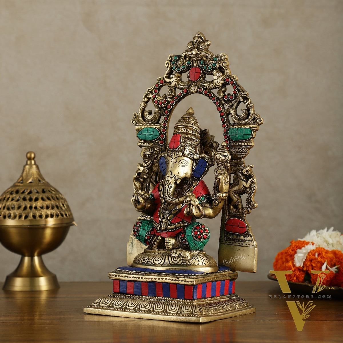Superfine Brass Lord Ganesha Idol with arch Meenakari Stonework - 12 inch