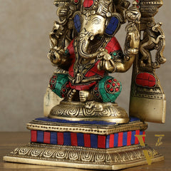 Superfine Brass Lord Ganesha Idol with arch Meenakari Stonework - 12 inch