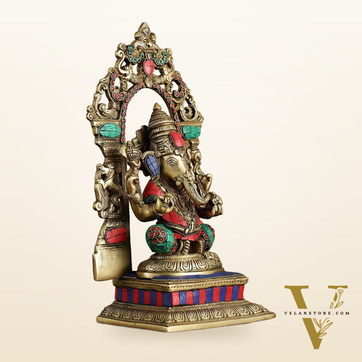 Superfine Brass Lord Ganesha Idol with arch Meenakari Stonework - 12 inch