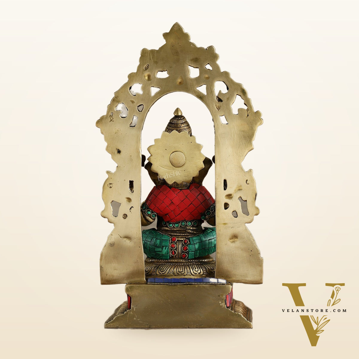 Superfine Brass Lord Ganesha Idol with arch Meenakari Stonework - 12 inch