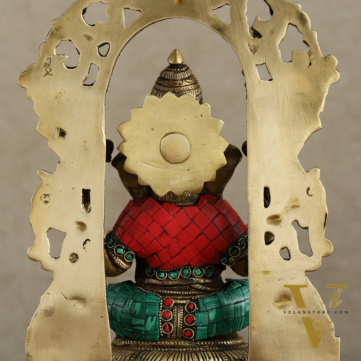 Superfine Brass Lord Ganesha Idol with arch Meenakari Stonework - 12 inch