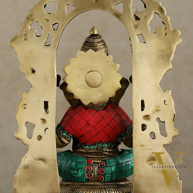 Superfine Brass Lord Ganesha Idol with arch Meenakari Stonework - 12 inch