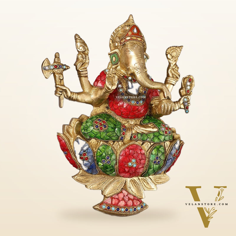 Superfine Brass Lord Ganesha Seated on a Lotus Wall Hanging Stonework - 12 inch