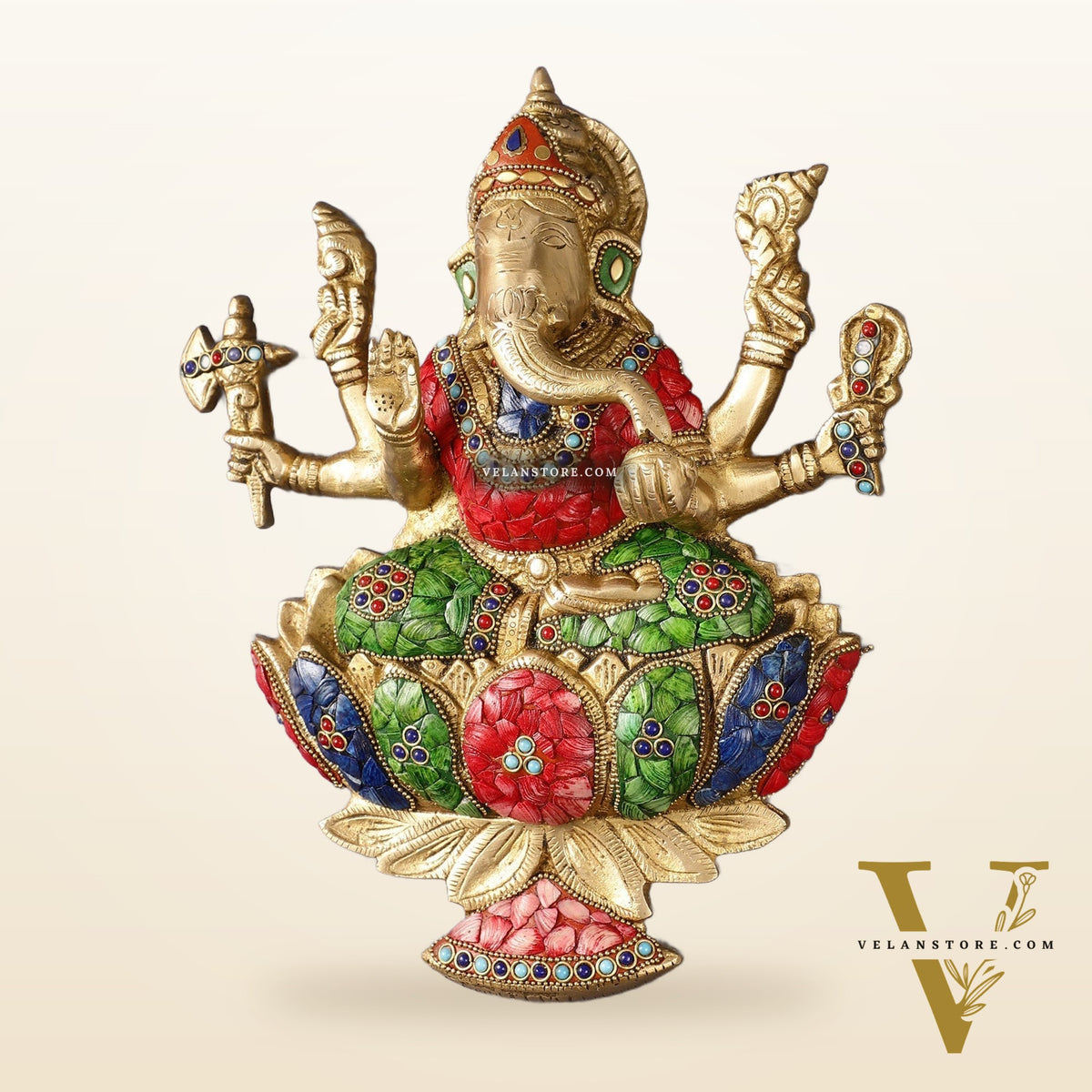 Superfine Brass Lord Ganesha Seated on a Lotus Wall Hanging Stonework - 12 inch