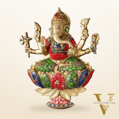 Superfine Brass Lord Ganesha Seated on a Lotus Wall Hanging Stonework - 12 inch