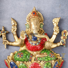 Superfine Brass Lord Ganesha Seated on a Lotus Wall Hanging Stonework - 12 inch