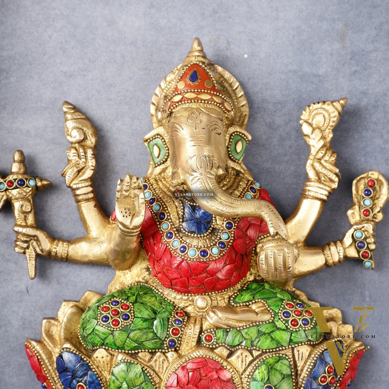 Superfine Brass Lord Ganesha Seated on a Lotus Wall Hanging Stonework - 12 inch