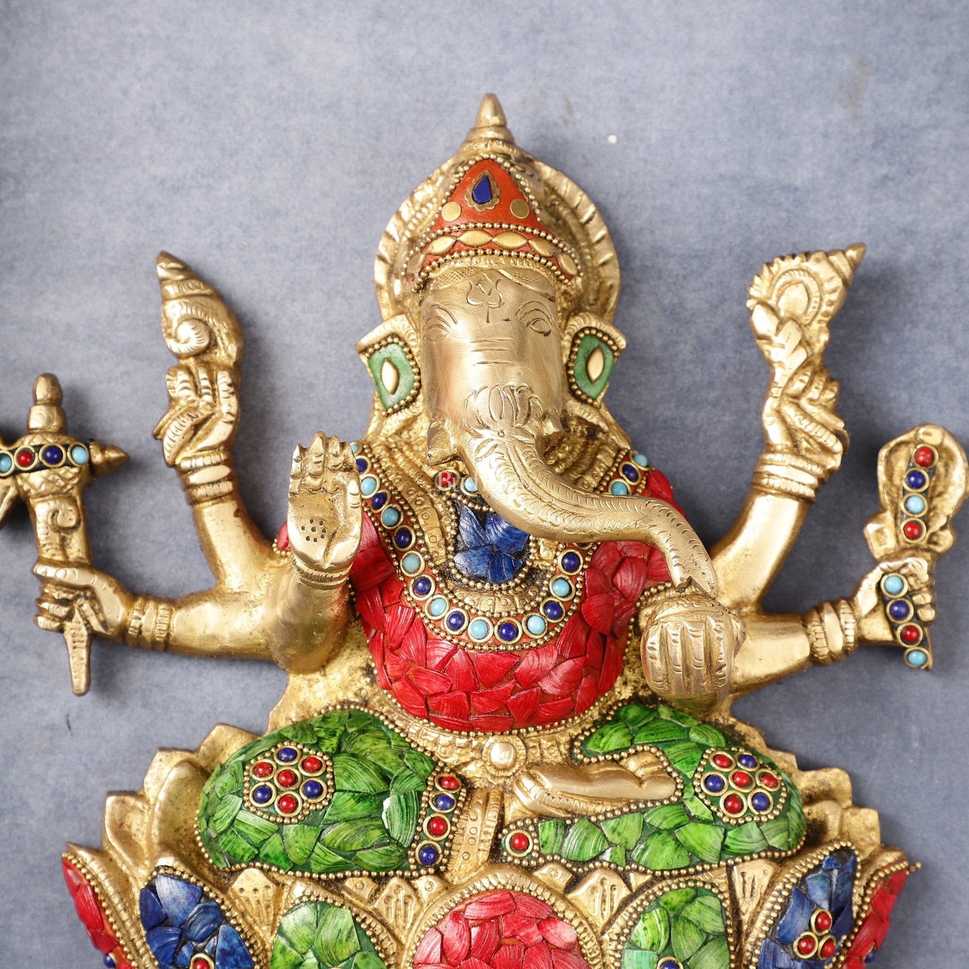 Superfine Brass Lord Ganesha Seated on a Lotus Wall Hanging Stonework - 12 inch
