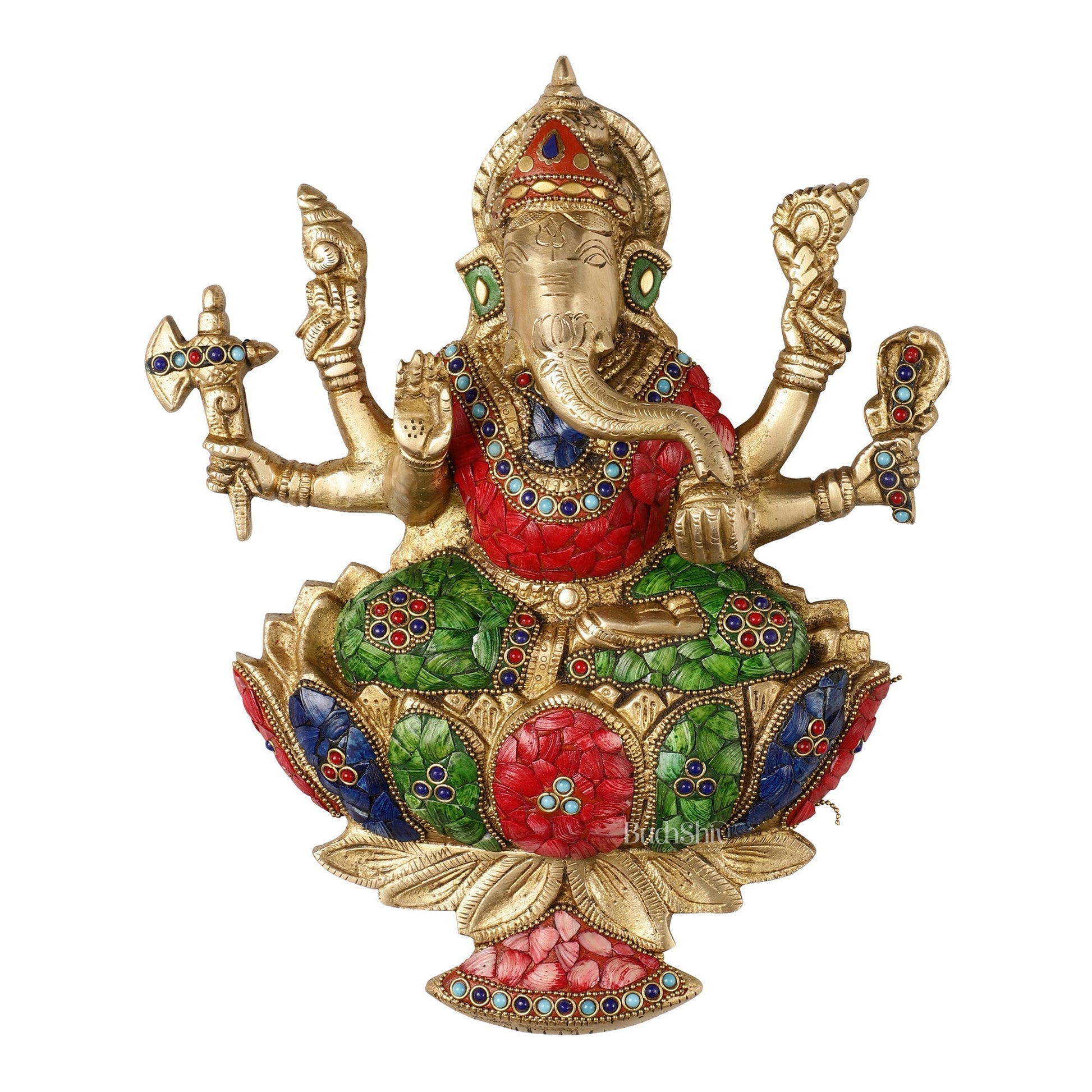 Superfine Brass Lord Ganesha Seated on a Lotus Wall Hanging Stonework - 12 inch