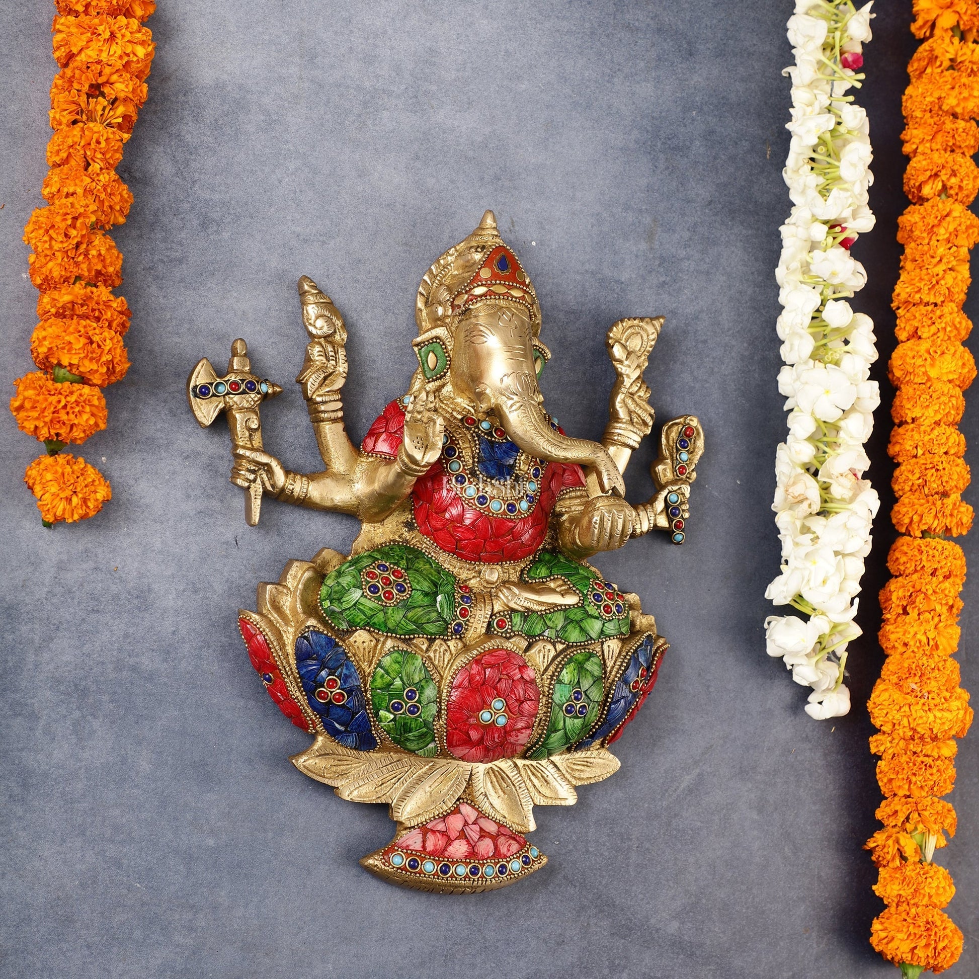 Superfine Brass Lord Ganesha Seated on a Lotus Wall Hanging Stonework - 12 inch