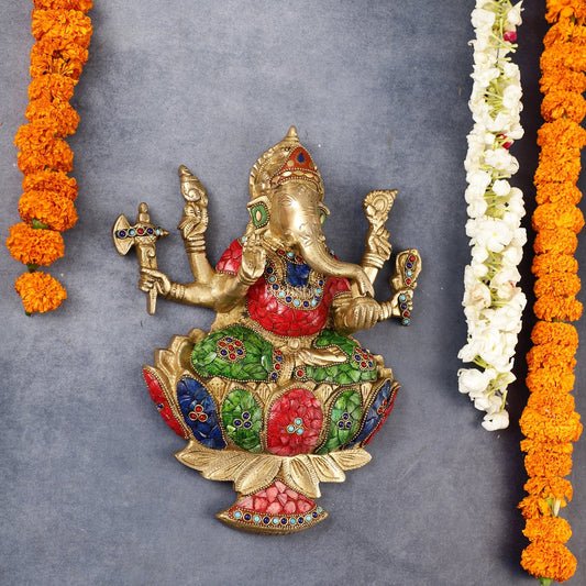 Superfine Brass Lord Ganesha Seated on a Lotus Wall Hanging Stonework - 12 inch