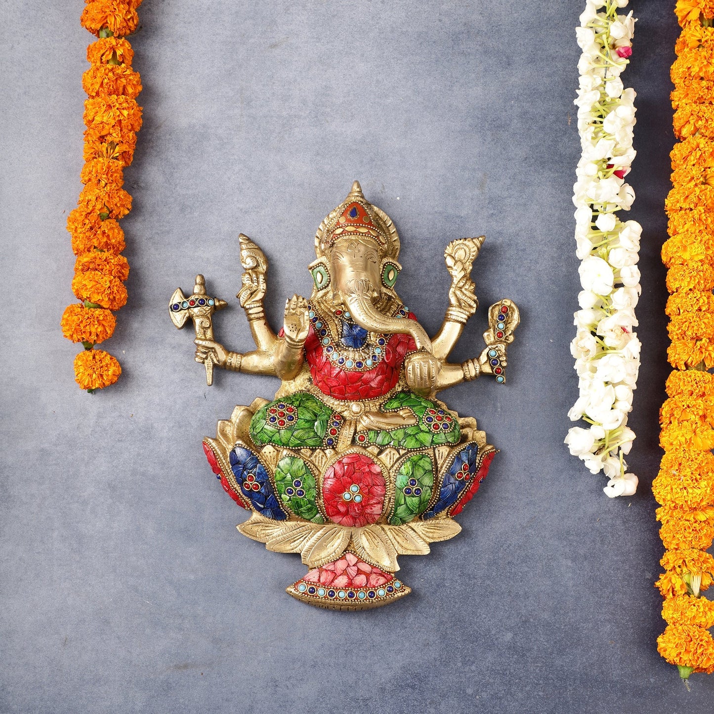 Superfine Brass Lord Ganesha Seated on a Lotus Wall Hanging Stonework - 12 inch