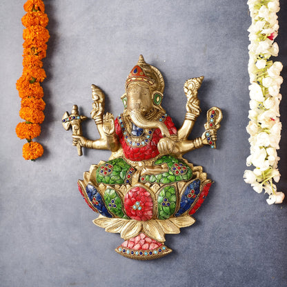 Superfine Brass Lord Ganesha Seated on a Lotus Wall Hanging Stonework - 12 inch