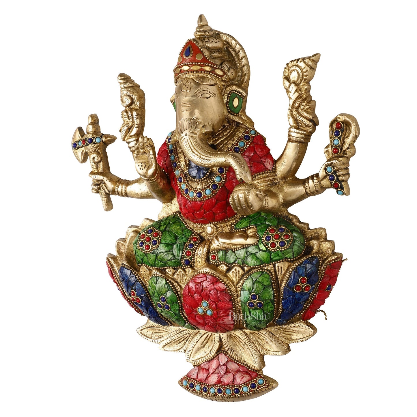Superfine Brass Lord Ganesha Seated on a Lotus Wall Hanging Stonework - 12 inch