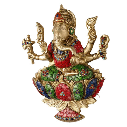 Superfine Brass Lord Ganesha Seated on a Lotus Wall Hanging Stonework - 12 inch