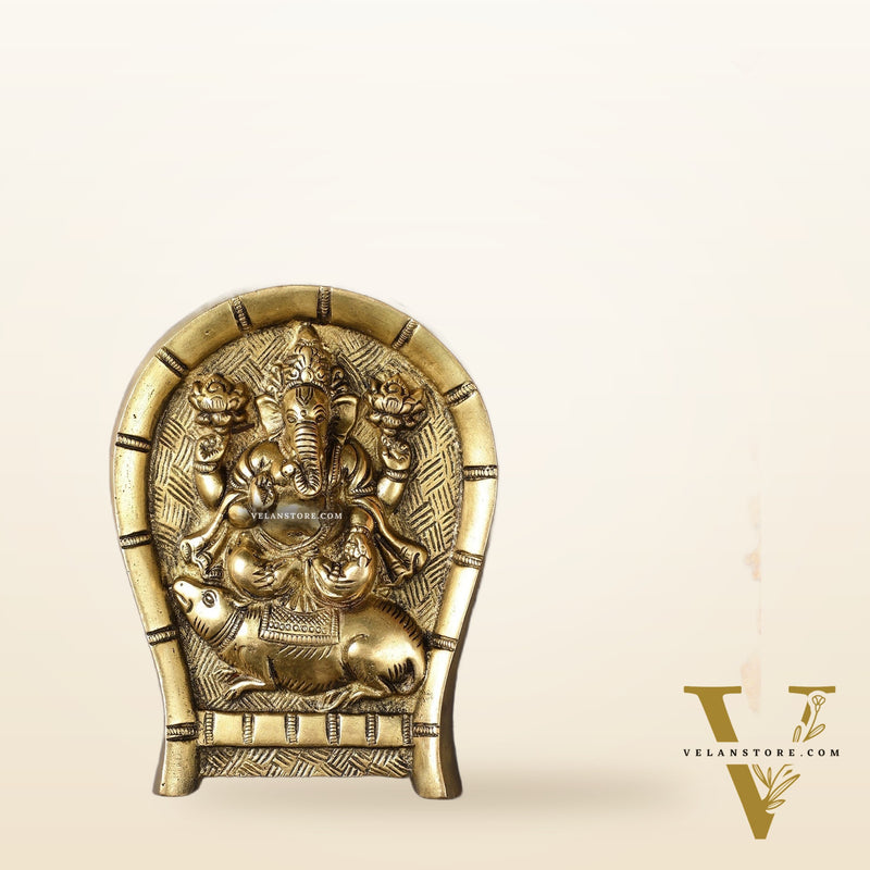 Superfine Brass Lord Ganesha Seated on a Mouse Wall Hanging - 6x5 Inch