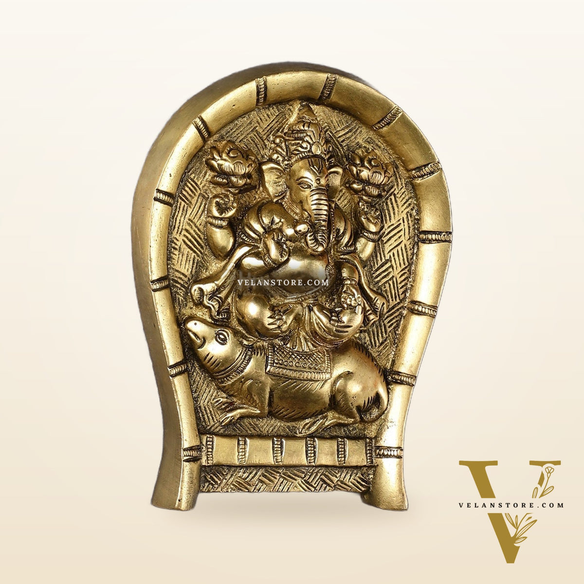Superfine Brass Lord Ganesha Seated on a Mouse Wall Hanging - 6x5 Inch