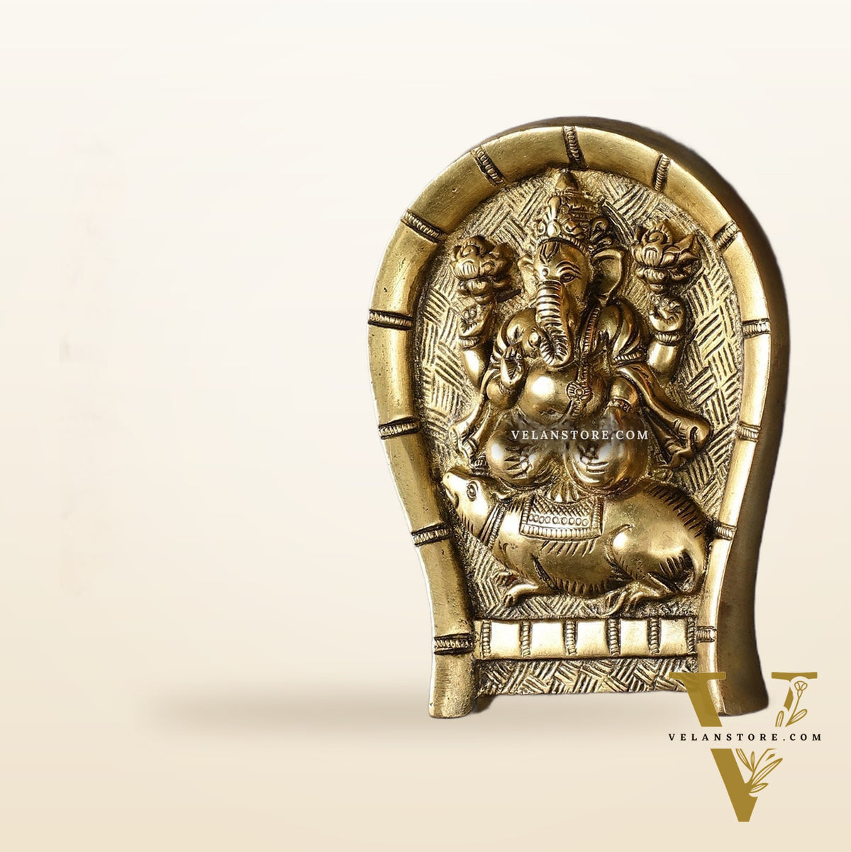 Superfine Brass Lord Ganesha Seated on a Mouse Wall Hanging - 6x5 Inch