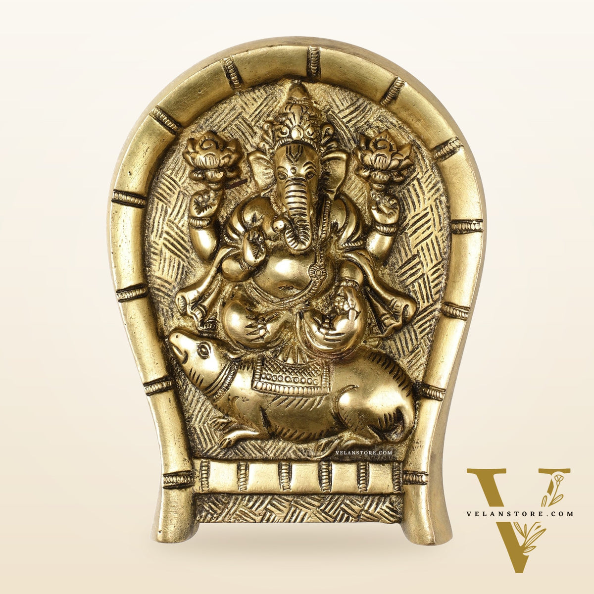 Superfine Brass Lord Ganesha Seated on a Mouse Wall Hanging - 6x5 Inch