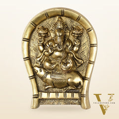 Superfine Brass Lord Ganesha Seated on a Mouse Wall Hanging - 6x5 Inch