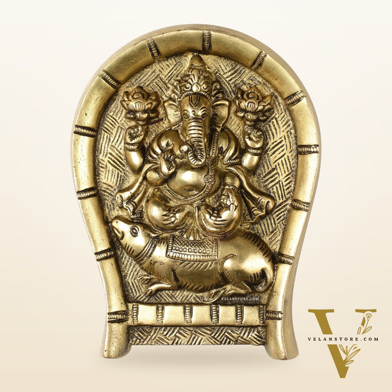 Superfine Brass Lord Ganesha Seated on a Mouse Wall Hanging - 6x5 Inch